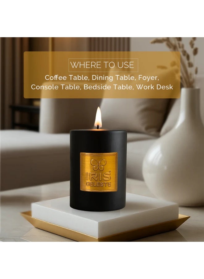 IRIS CELESTE Black Oud Scented Pillar Candle 3 inch- 320grams, 11oz| 40 hours Burn-time | Warm Woody Fragrance | Perfect for Festivities & Gifting, Ceremonies, Meditation & Room Perfuming - Image 3